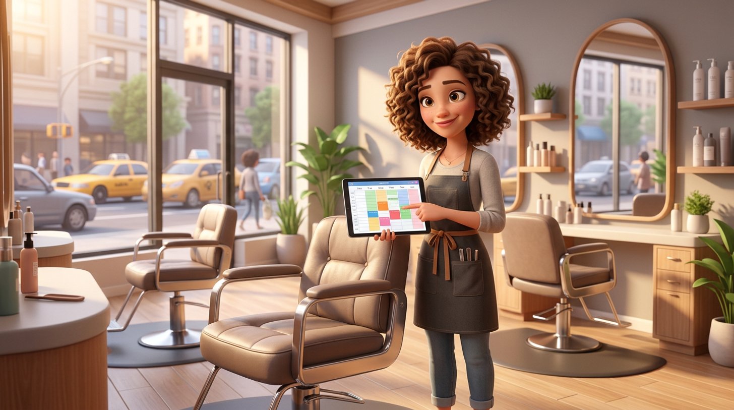 A hair salon owner looks at an empty styling chair while holding a tablet with the day's appointment calendar, in a bright modern American salon