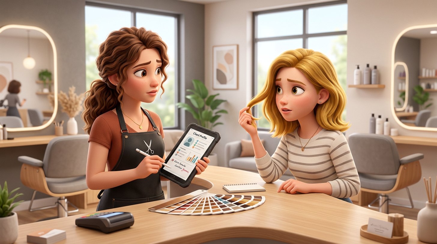 Friseurin am Empfang ihres Salons hört einer Kundin zu, die eine zu gelb geratene blonde Haarsträhne zeigt, auf dem Tresen liegen Farbkarten und ein Tablet mit der Kundenkarte