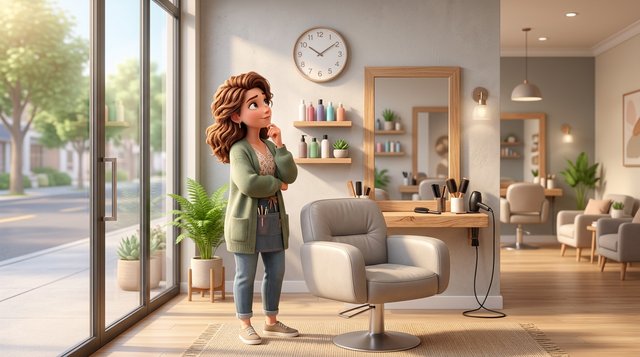 Une coiffeuse regarde l'horloge murale de son salon de coiffure lumineux et calme, un fauteuil de coiffure vide au premier plan par un matin ensoleillé
