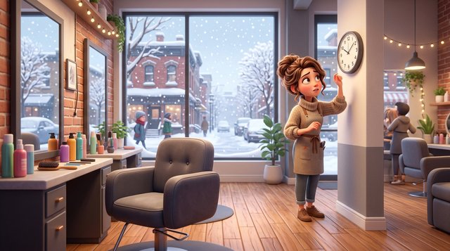 Coiffeuse préoccupée qui consulte l'horloge de son salon près d'un fauteuil vide, la rue enneigée visible par la vitrine
