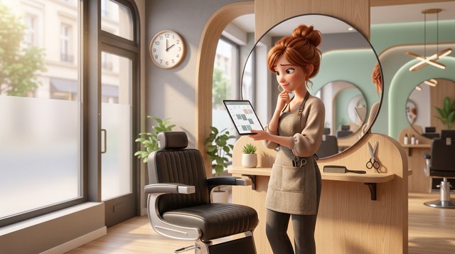 Coiffeuse pensive avec sa tablette devant un fauteuil vide, l'horloge du salon indique 14 heures