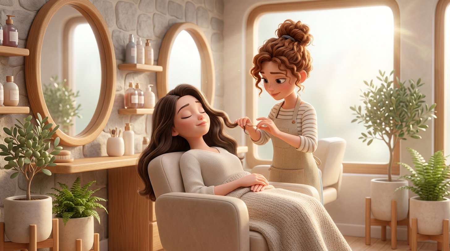 Une cliente détendue, les yeux fermés dans le fauteuil d'un salon de coiffure paisible, pendant qu'une coiffeuse travaille en silence dans une lumière douce