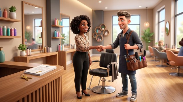 A salon owner and an independent stylist shake hands beside an empty styling chair in a bright Australian hair salon, the stylist holding her own kit bag of scissors and brushes