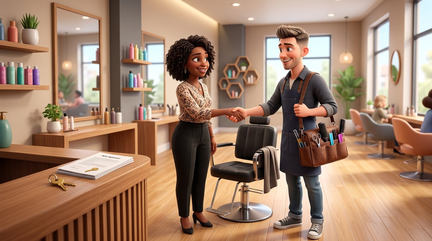 A salon owner and an independent stylist shake hands beside an empty styling chair in a bright Australian hair salon, the stylist holding her own kit bag of scissors and brushes