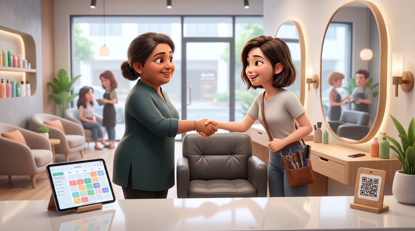 A Malaysian salon owner shakes hands with a freelance stylist beside an empty styling chair in a bright shoplot hair salon, the stylist carrying her own pouch of scissors and combs