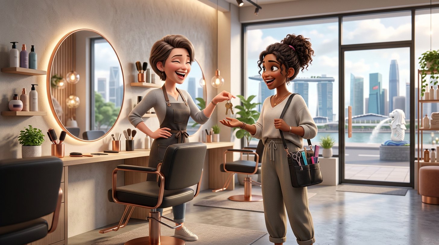 A salon owner hands a set of keys to a freelance stylist beside an empty styling chair in a bright Singapore hair salon, the stylist carrying her own kit bag of scissors and brushes