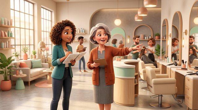 Illustration d'une future propriétaire qui visite un salon de coiffure à vendre, carnet de notes à la main, pendant que la propriétaire actuelle lui montre les postes de coiffage