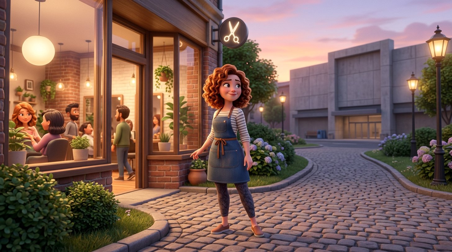 Illustration d'une coiffeuse devant son salon, à la croisée de deux chemins, l'un menant à sa propre vitrine et l'autre à un grand centre commercial anonyme