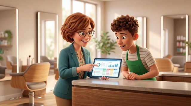 Illustration d'une gérante de salon de coiffure belge et de son collaborateur consultant ensemble un barème salarial sur une tablette au comptoir du salon