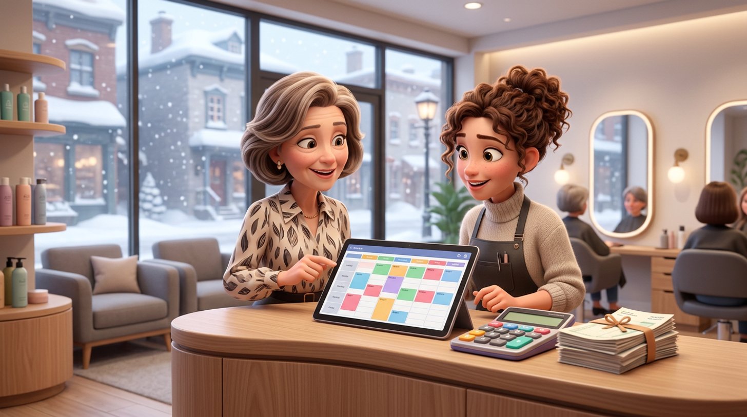 Une propriétaire de salon de coiffure et une jeune coiffeuse consultent ensemble un planning de travail sur une tablette au comptoir, calculatrice et fiches de paie posées à côté, fenêtre donnant sur une rue enneigée du Québec
