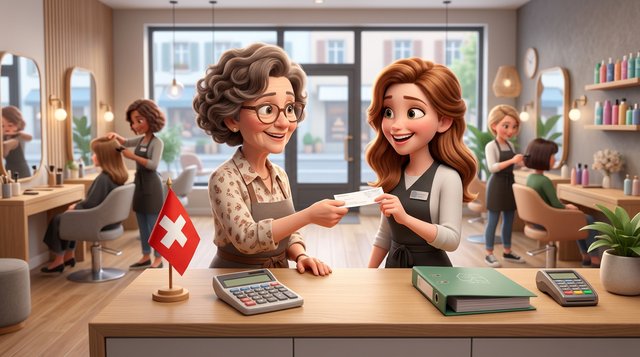 Une gérante de salon de coiffure remet une fiche de salaire à une jeune coiffeuse souriante au comptoir d'accueil, calculatrice et classeur posés à côté de la caisse