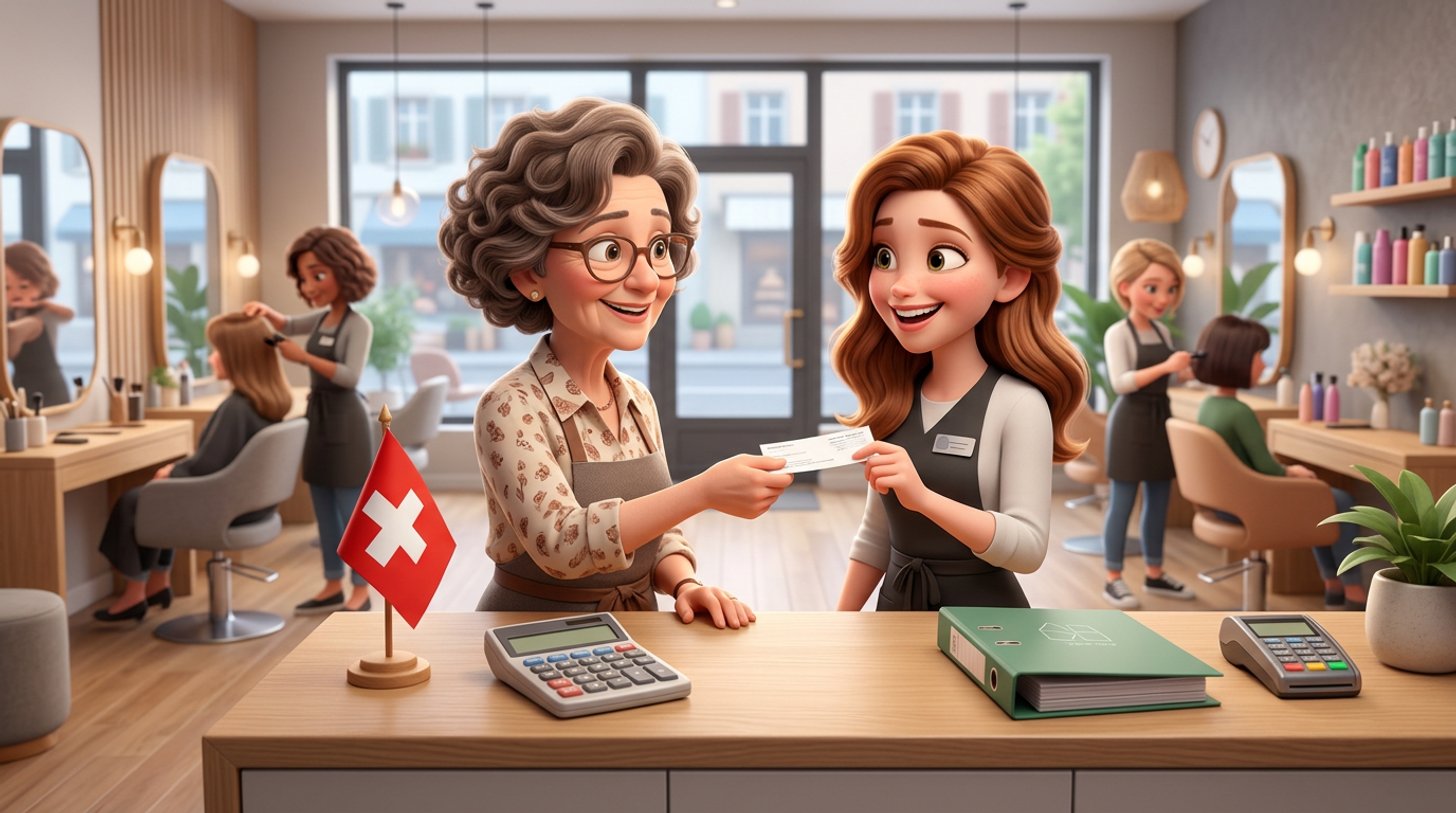 Une gérante de salon de coiffure remet une fiche de salaire à une jeune coiffeuse souriante au comptoir d'accueil, calculatrice et classeur posés à côté de la caisse