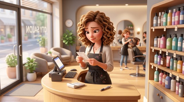 A hair salon owner reviews a receipt and a small display of retail shampoo bottles at the front desk of a bright American salon