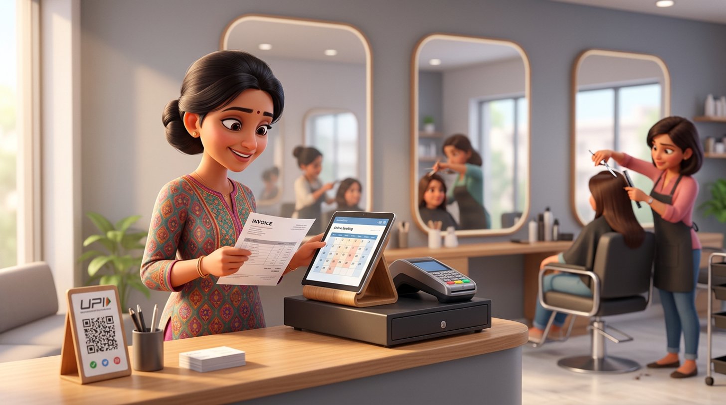 An Indian hair salon owner at her reception counter holds a printed invoice while checking an online booking calendar on a tablet, a UPI QR stand beside the till and a stylist cutting hair behind her