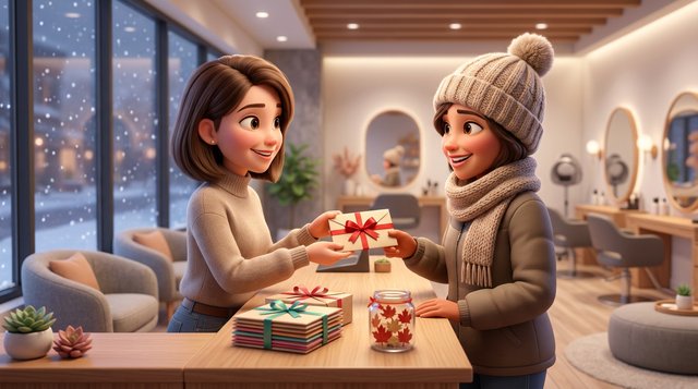 A smiling receptionist at a Canadian hair salon front desk hands a ribboned gift card envelope to a client in a knitted toque, snow falling outside the window