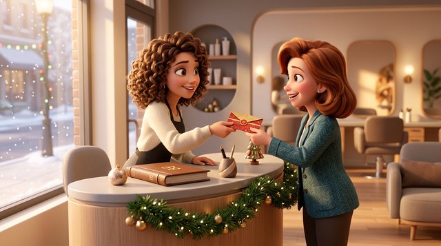 A smiling hair salon receptionist hands a small gift card envelope to a client at the front desk of a bright American salon decorated for the holidays