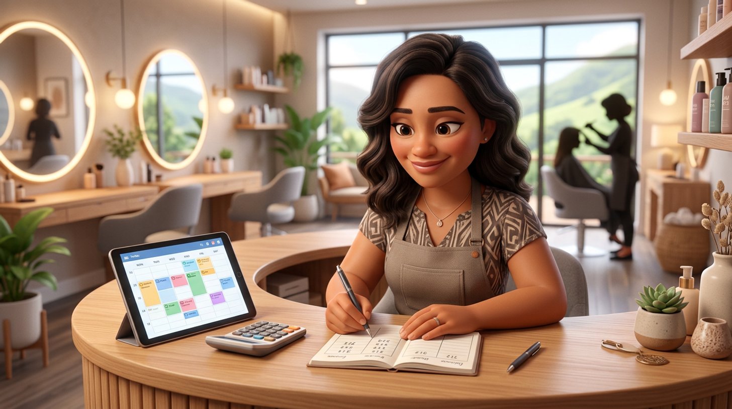 A New Zealand hair salon owner writes five figures into a paper tracking table at the reception desk, with the booking calendar open on a tablet and a calculator beside her