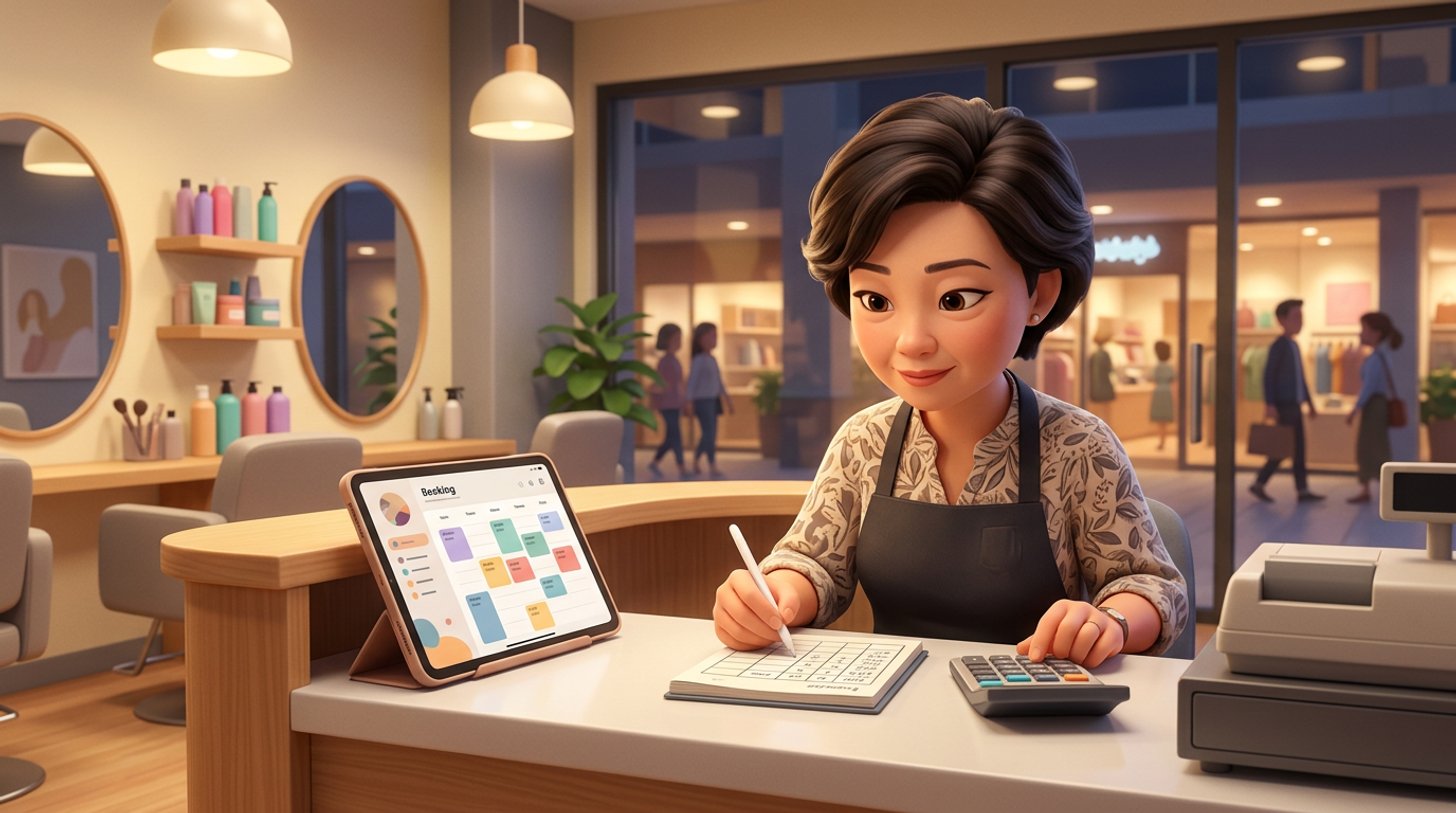 A Singapore hair salon owner writes five figures into a notebook tracking table at the reception desk after closing, with the booking calendar open on a tablet and a calculator beside the till