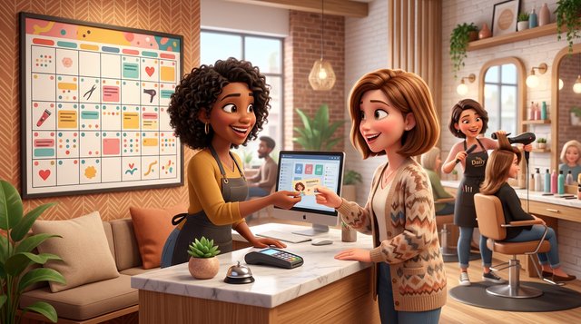 A hair salon owner shows a client a monthly blowout membership card at the front desk of a bright modern American salon