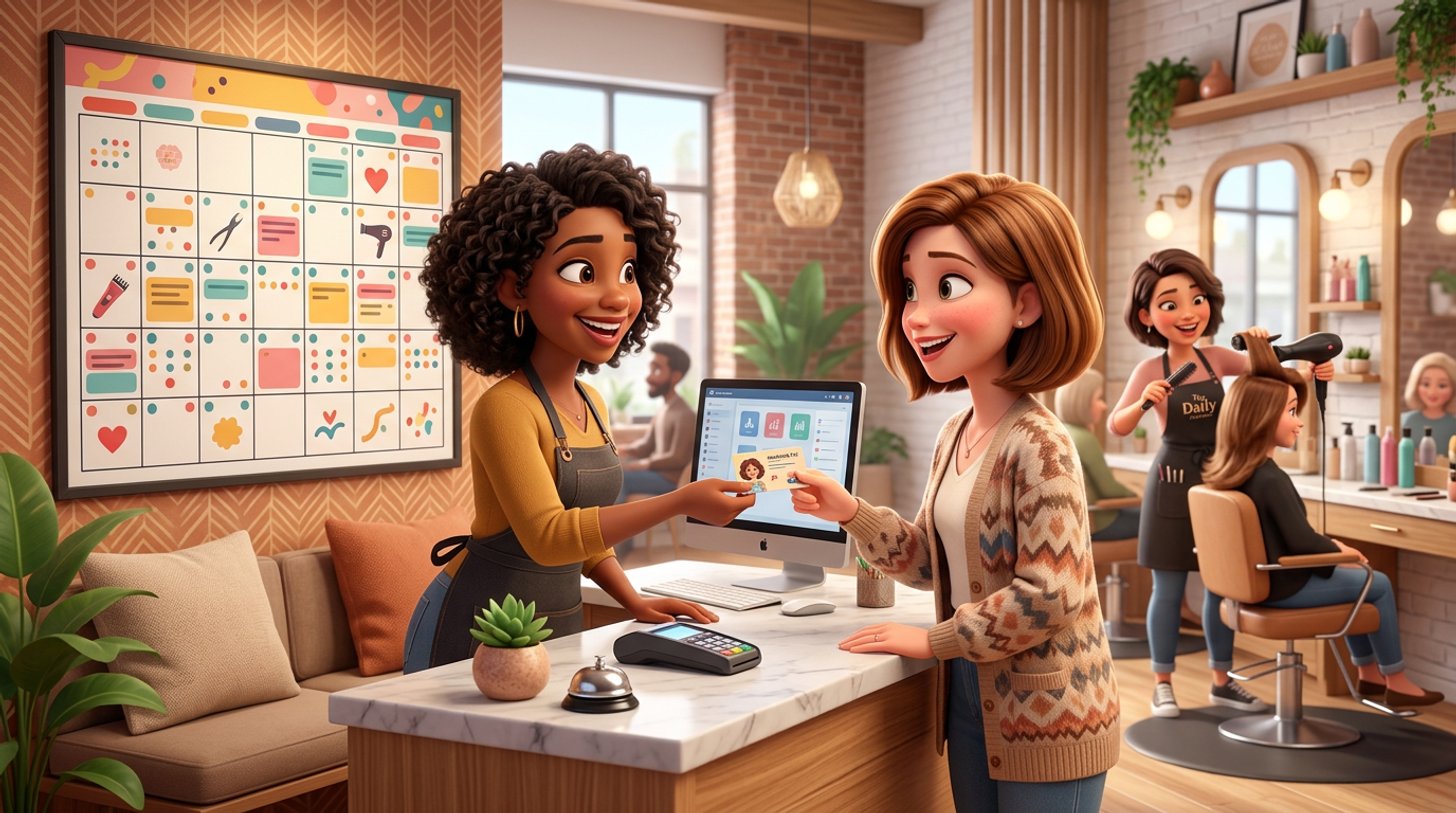 A hair salon owner shows a client a monthly blowout membership card at the front desk of a bright modern American salon
