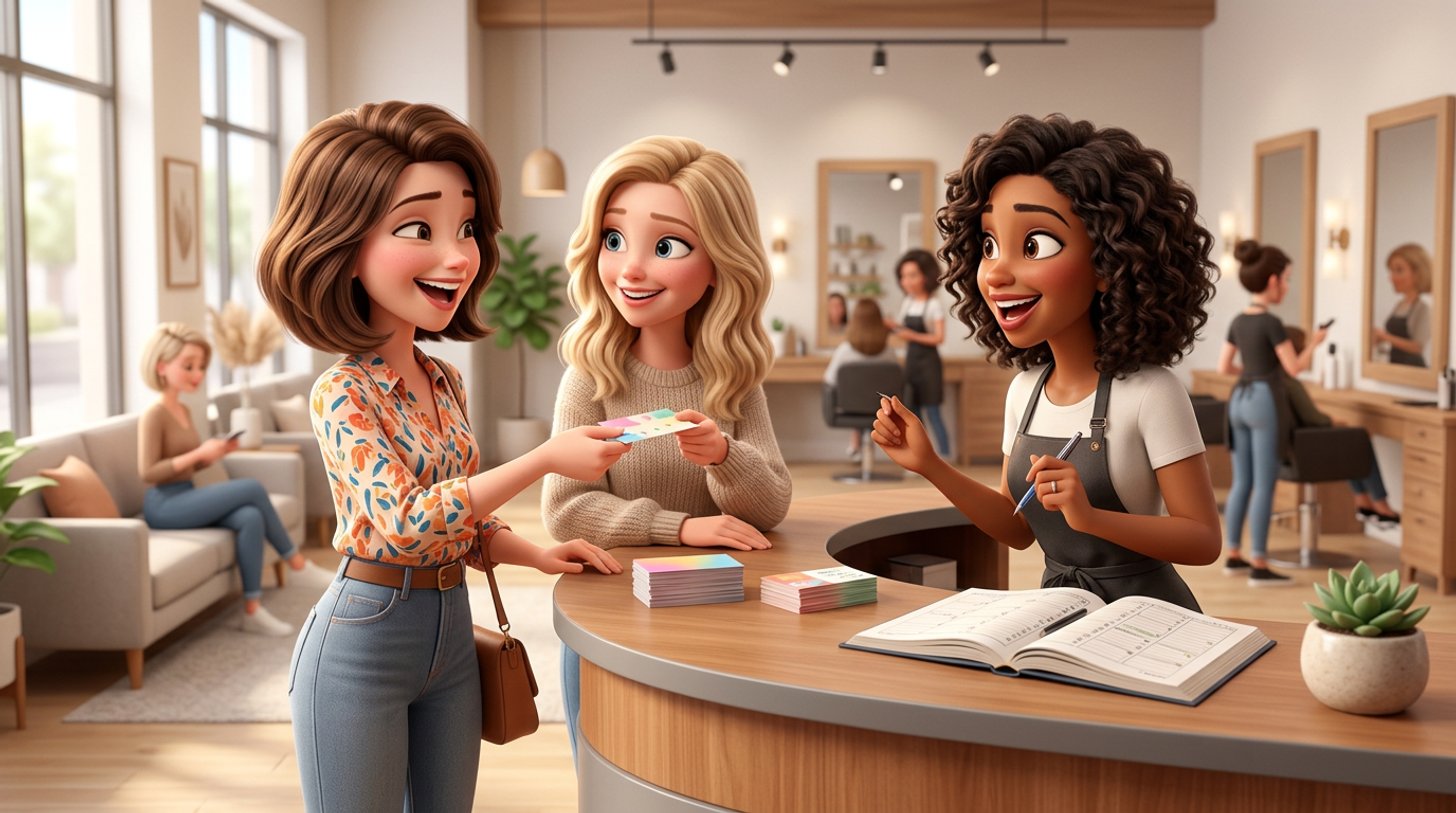 A happy client hands a small referral card to her friend outside a bright American hair salon while a stylist waves from the doorway