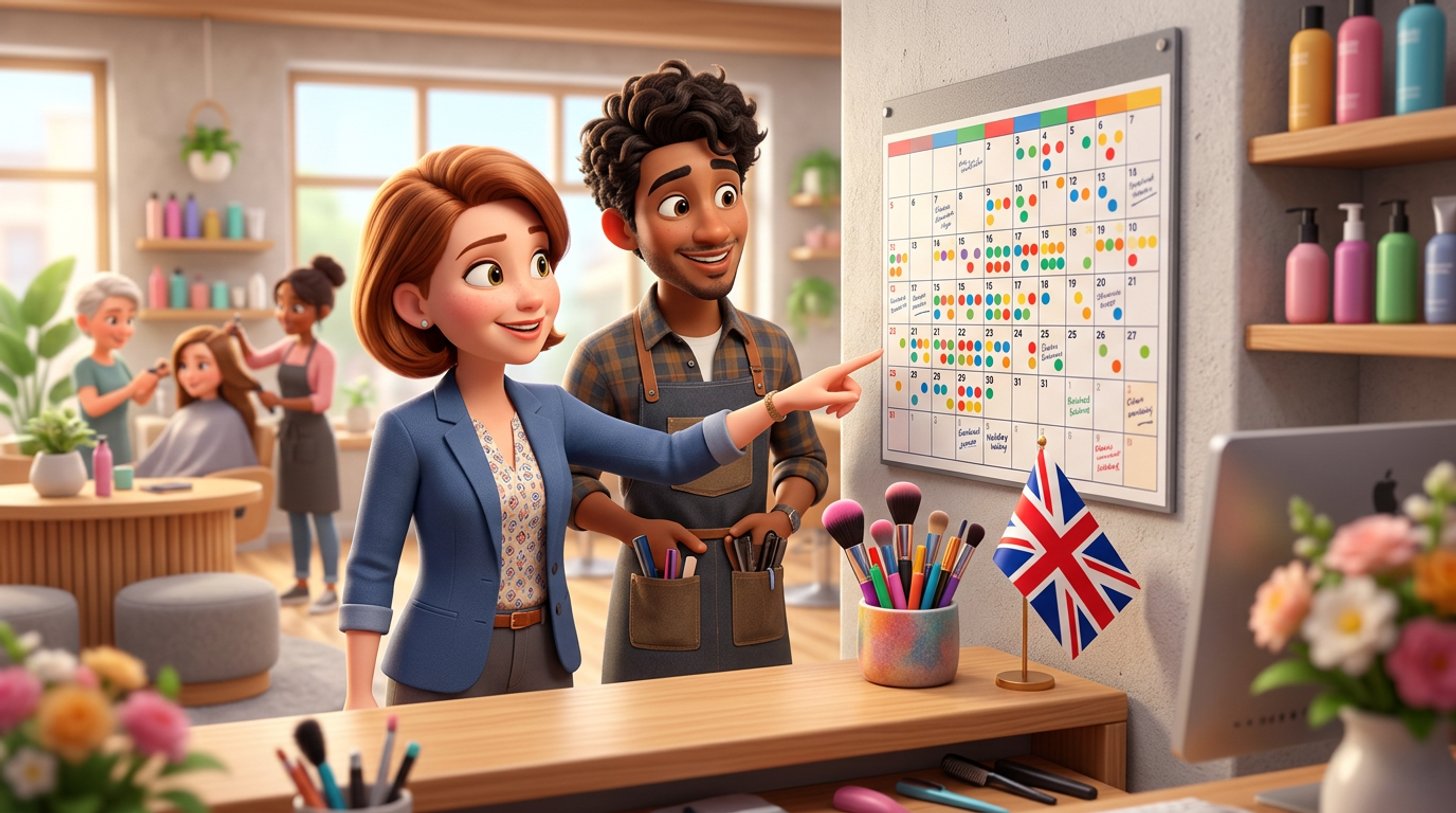 A hair salon manager and a stylist look at a wall calendar with coloured stickers marking booked holidays, scissors and brushes on the counter beside them