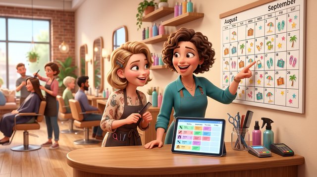 A hair salon owner and a stylist review leave dates on a wall calendar marked with suitcase and beach umbrella stickers, a tablet with the weekly schedule on the reception desk beside them