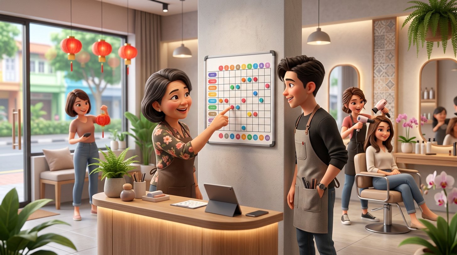 A Singapore salon owner and a stylist review a leave planner at the reception desk while a colleague blow-dries a client's hair in the background