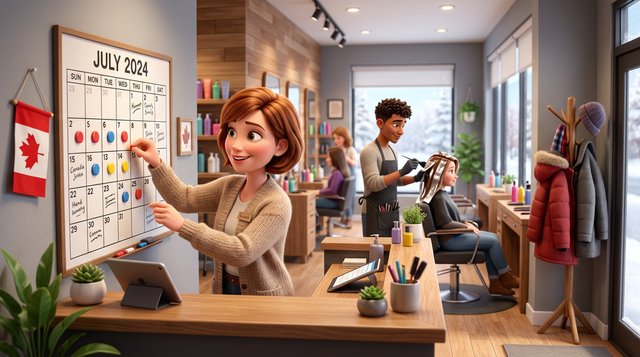 A hair salon owner marks vacation weeks on a large wall calendar with a red maple leaf pinned beside it while a stylist colours a client's hair in the background