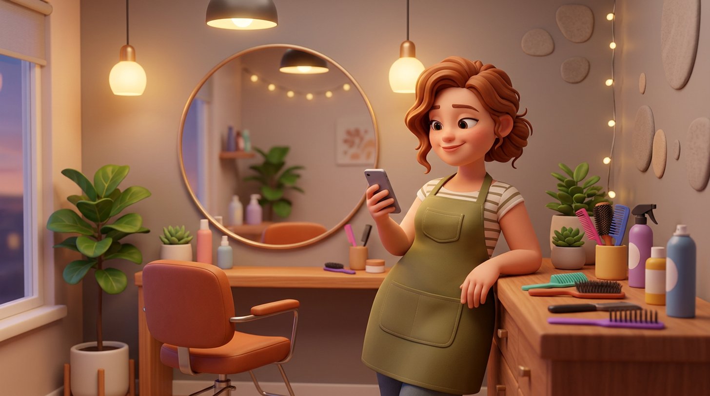 A hairstylist alone in her compact private salon suite with one chair and a round mirror, smiling at her phone as a new booking comes in