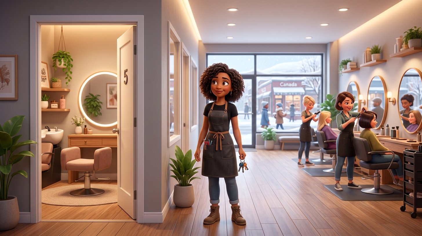 A hairstylist holding keys in a corridor hesitates between the open door of a small private salon suite with one chair and a view into a busy open-plan hair salon, a snowy Canadian street through the window