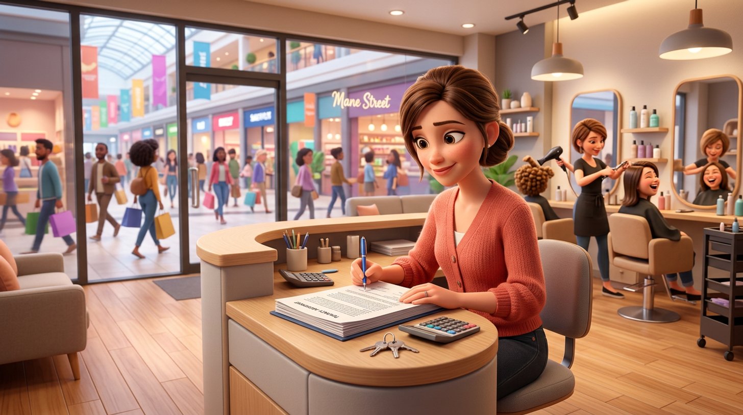 A hair salon owner reviews a thick tenancy agreement at her reception desk, keys and a calculator beside the papers, with a busy mall corridor visible through the glass shopfront