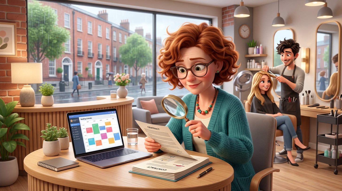 An Irish hair salon owner at her reception desk examines the fine print of a software contract with a magnifying glass, a booking calendar open on her laptop, while a stylist trims a client's hair behind her