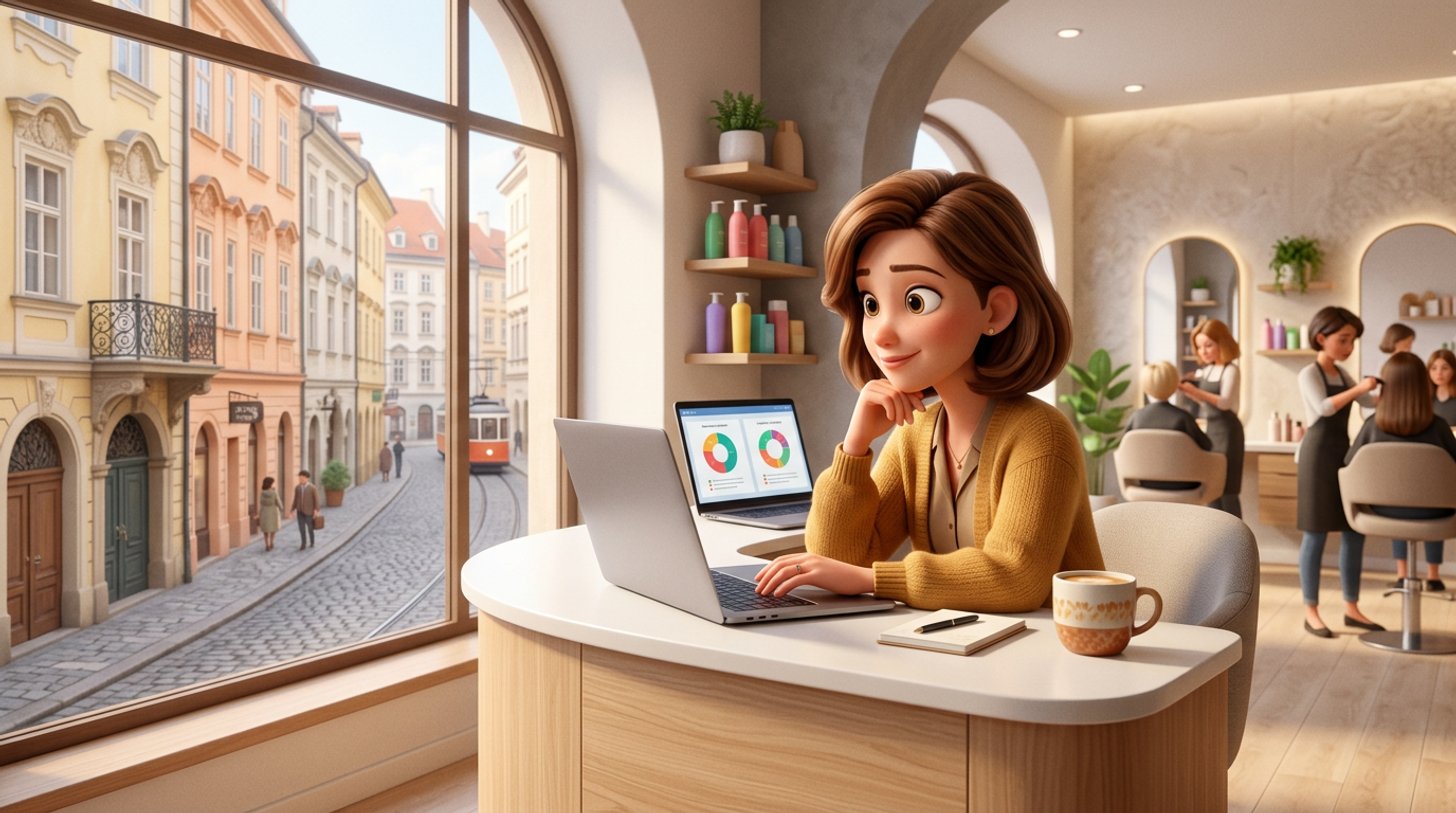 Illustration einer Friseursalon-Inhaberin, die an der Rezeption ihres Salons zwei Softwareangebote auf einem Laptop vergleicht, im Schaufenster eine Wiener Altstadtgasse
