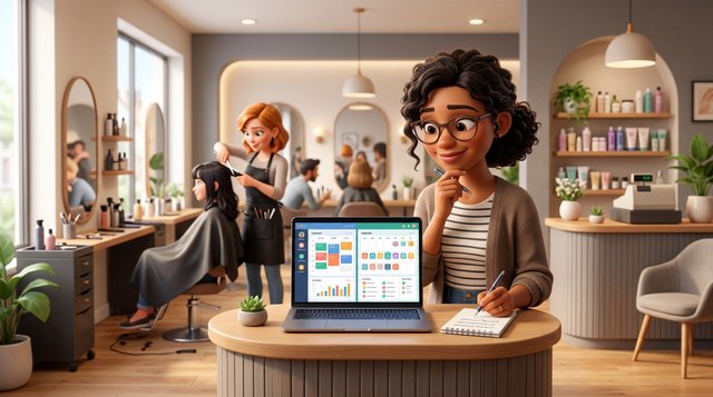 Illustration einer Friseursalon-Inhaberin, die an der Rezeption ihres Salons zwei Softwareangebote auf einem Laptop vergleicht