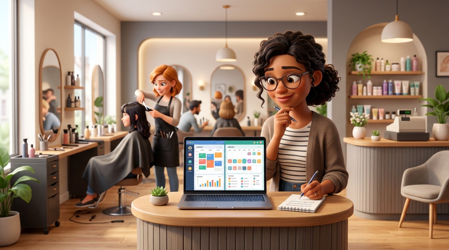 Illustration einer Friseursalon-Inhaberin, die an der Rezeption ihres Salons zwei Softwareangebote auf einem Laptop vergleicht
