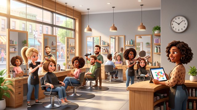 Voller Samstagvormittag in einem hellen Friseursalon: alle Stühle besetzt, die Inhaberin prüft am Empfang den Tageskalender auf dem Tablet