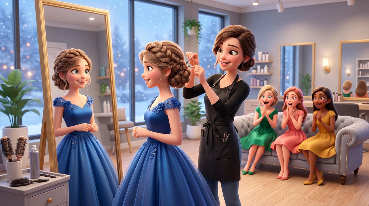A teenage client in a ball gown admires her finished upstyle in the salon mirror while the stylist pins a last strand and three friends in party dresses wait on a sofa