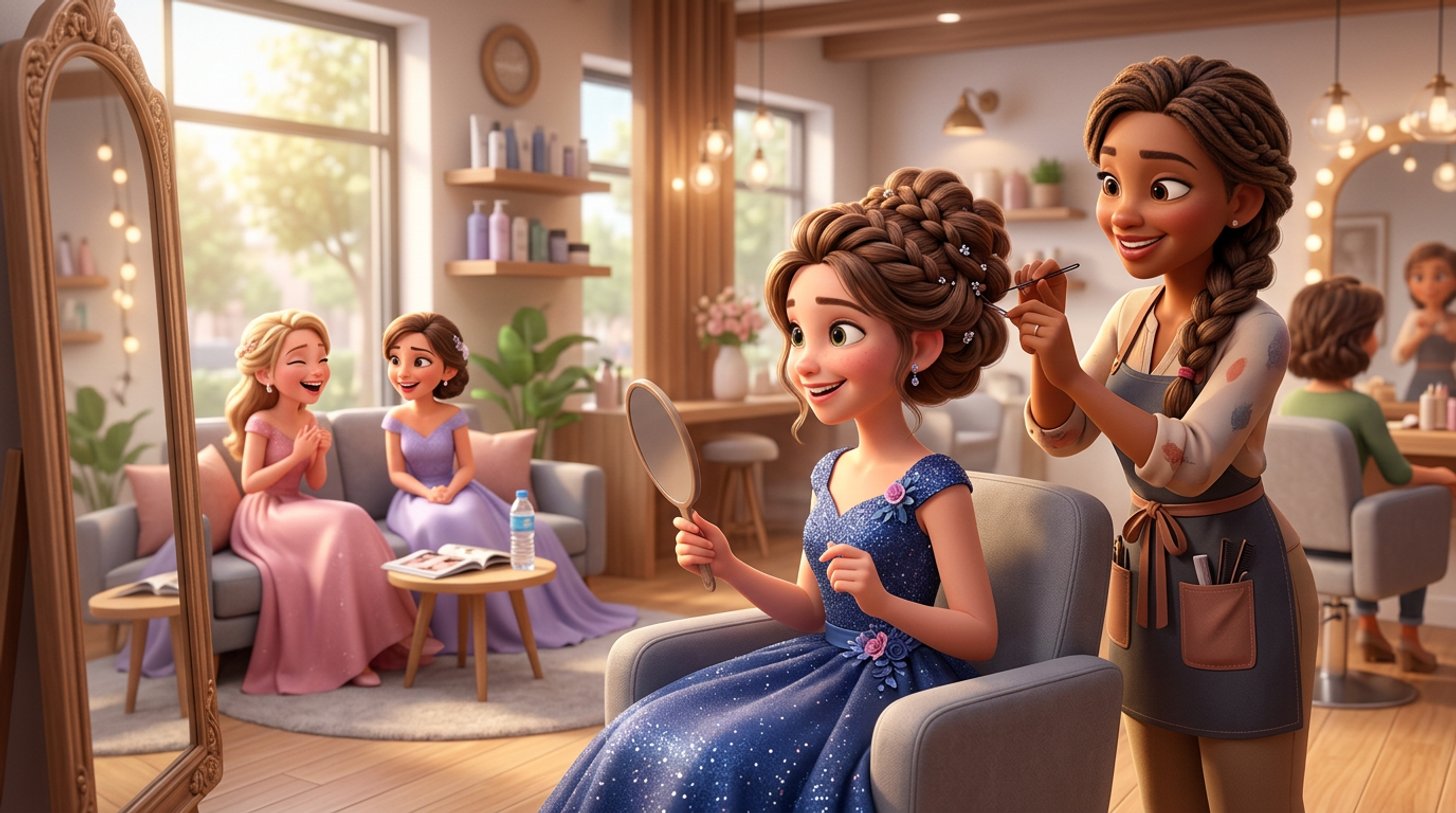 A Year 12 client in a formal dress admires her finished upstyle in the mirror while a stylist pins the last strand, two friends waiting on a lounge in a bright Australian hair salon