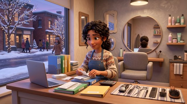 A self-employed hairstylist sorts paper receipts into folders beside a laptop and calculator at her salon reception desk in the evening, scissors and clippers resting on a cloth nearby
