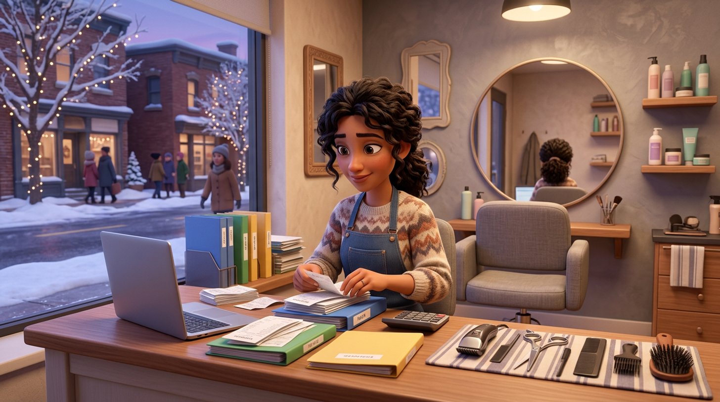 A self-employed hairstylist sorts paper receipts into folders beside a laptop and calculator at her salon reception desk in the evening, scissors and clippers resting on a cloth nearby