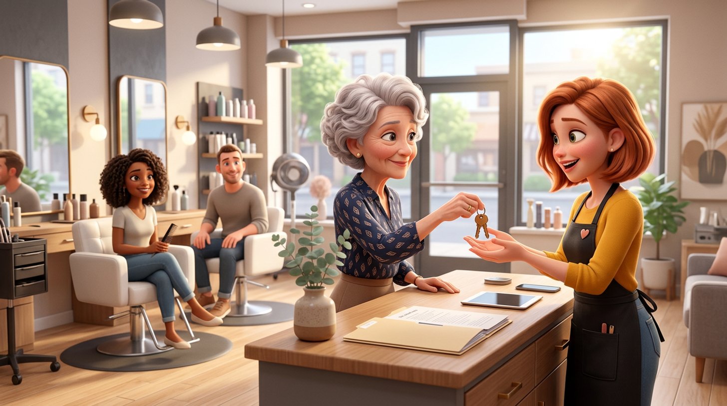 A retiring Australian salon owner hands the keys across the reception desk to a younger stylist in a sunlit hair salon while the team looks on