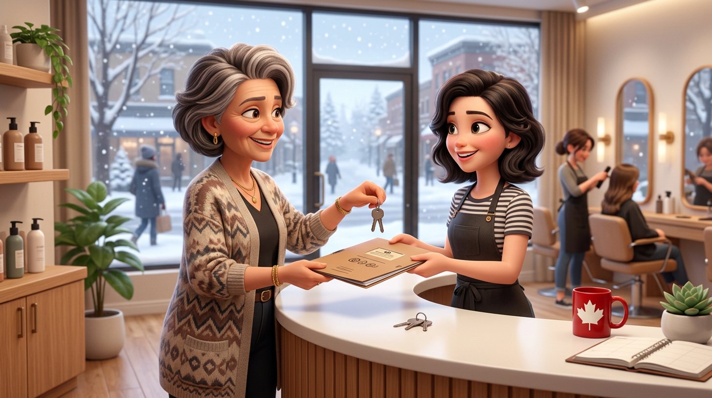 A retiring Canadian salon owner hands keys and a folder of documents to a younger stylist at the reception desk, a snowy street visible through the salon window