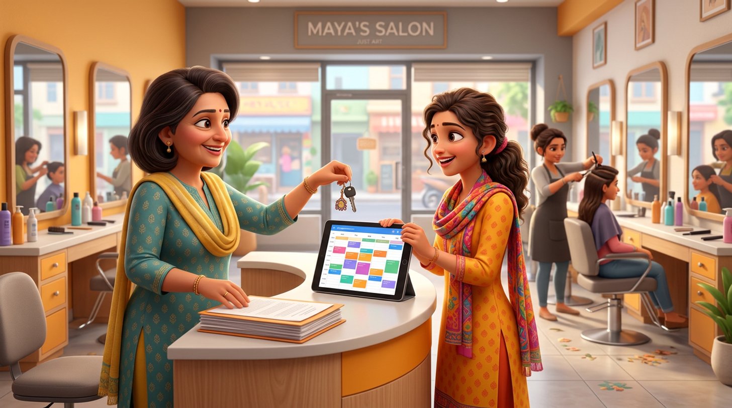 An Indian hair salon owner hands over the salon keys and a folder of documents to the new owner at the reception desk, a tablet showing a full appointment calendar between them and styling chairs lined up behind