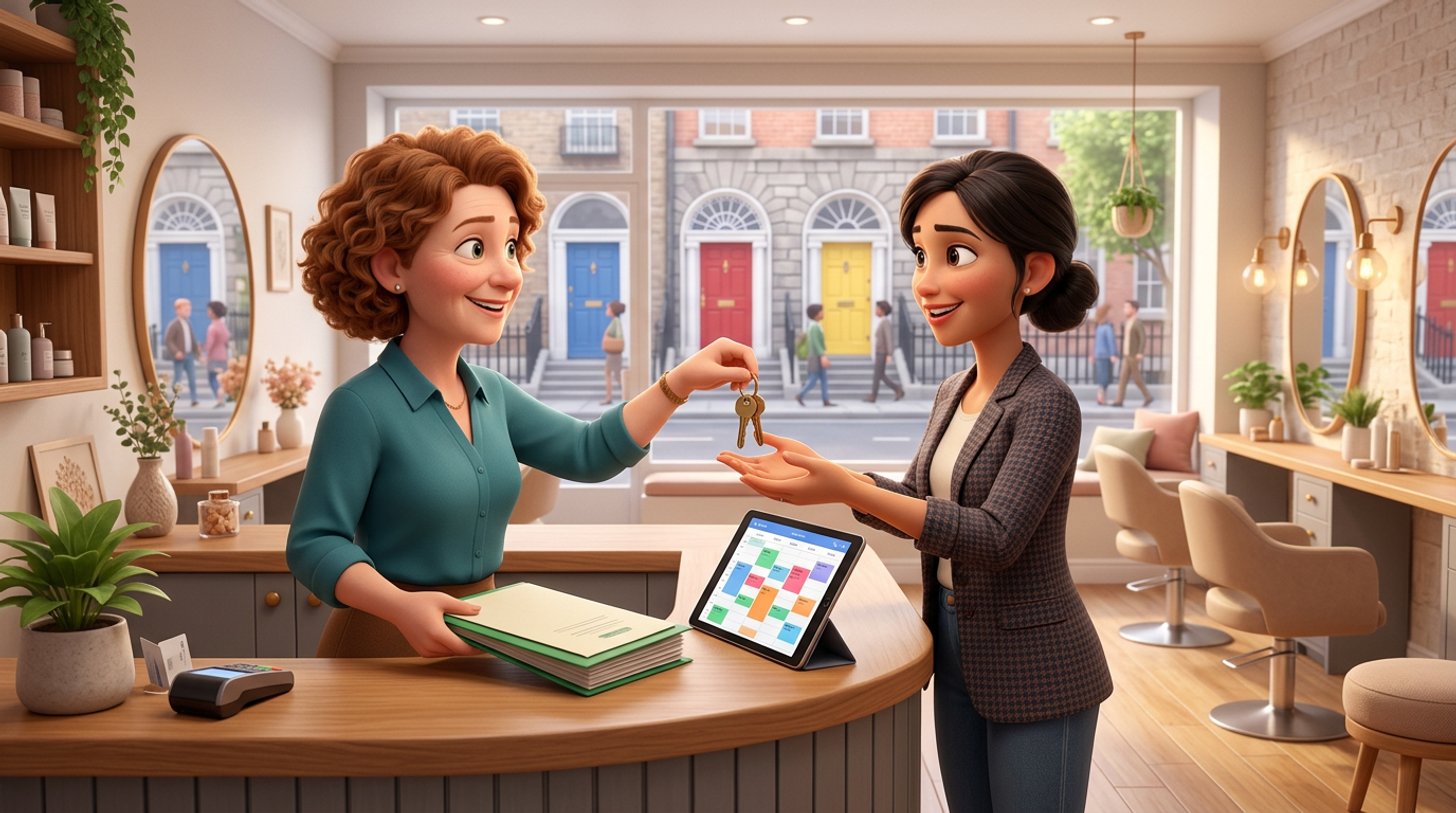 A hair salon owner hands the keys and a folder of documents across the reception desk to the salon's buyer, a tablet showing a full appointment calendar between them and colourful Georgian doorways through the window