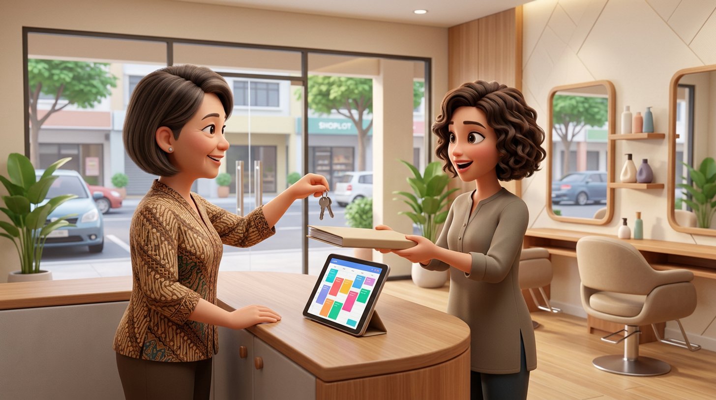 A Malaysian hair salon owner hands the shop keys and a folder of documents to the salon's new owner at the reception counter, a tablet showing a full appointment calendar between them and shoplot styling stations in the background