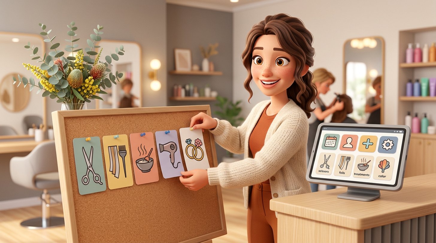 An Australian hair salon owner sorts service cards for cuts, foils and treatments on a board beside a tablet showing her online booking menu