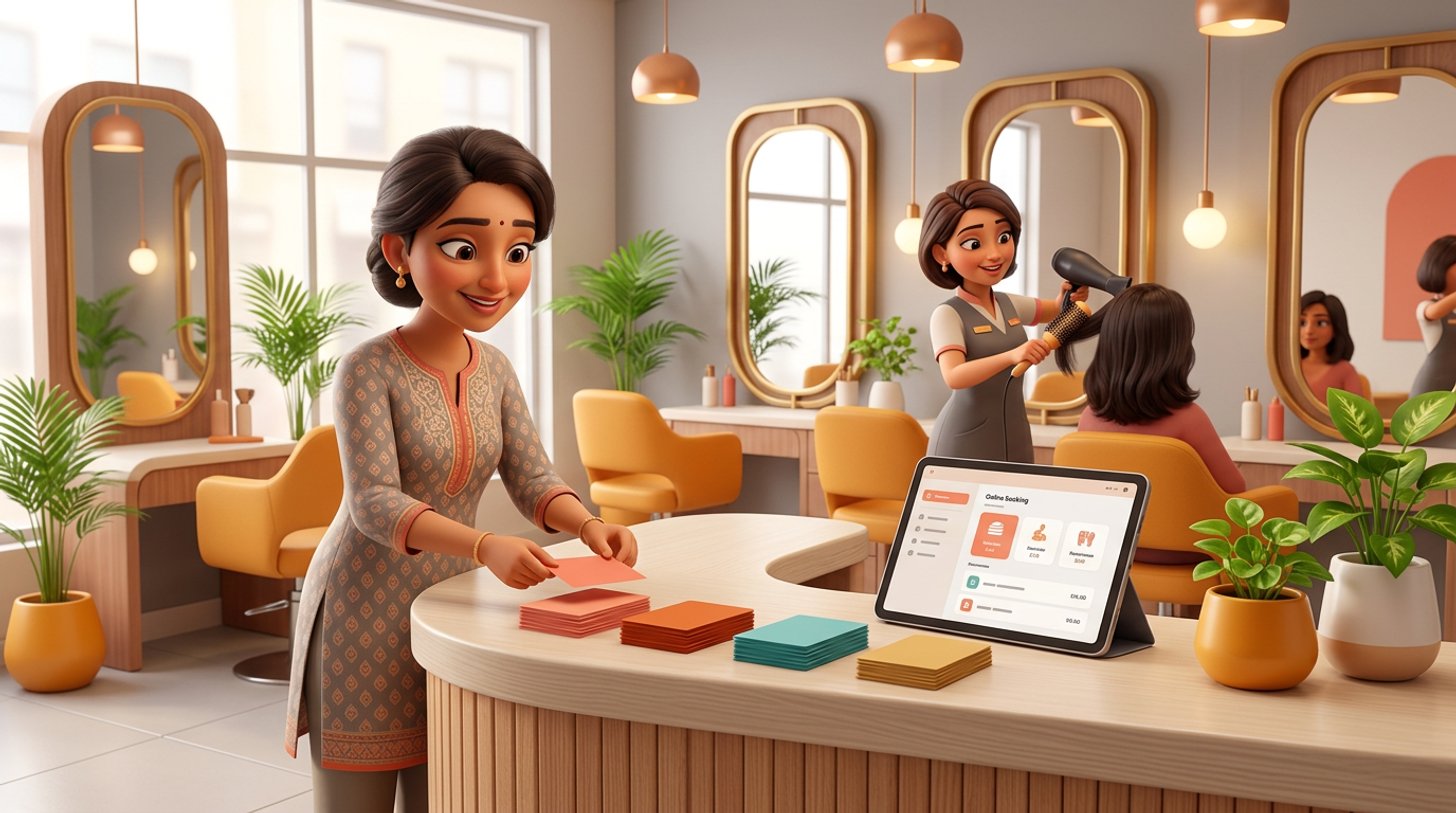 An Indian hair salon owner organises service cards into tidy categories at the reception desk while a tablet shows her salon's online booking menu