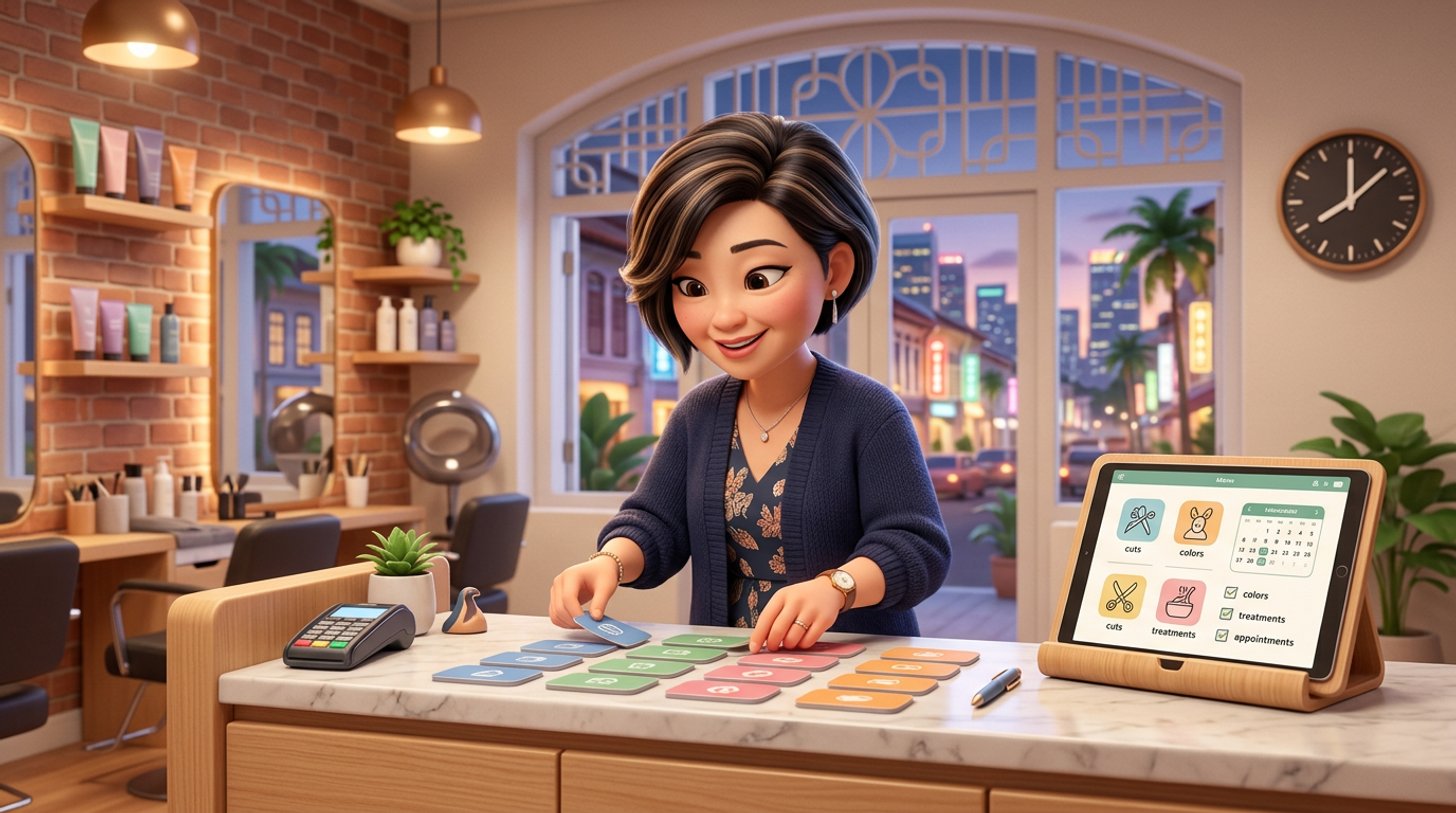 A Singapore hair salon owner arranges service cards into neat categories at her reception counter while a tablet displays her online booking menu