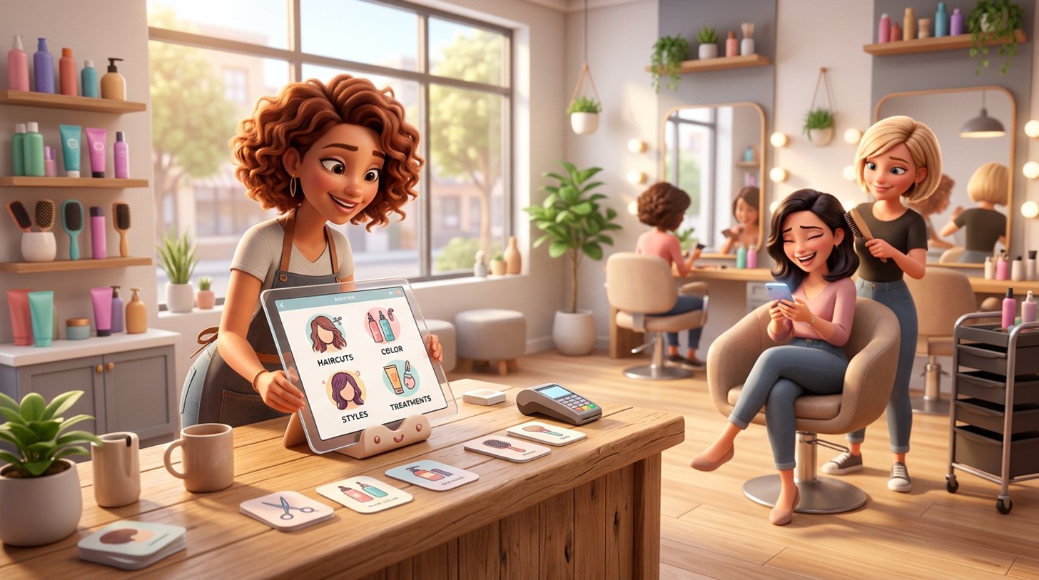 A hair salon owner organizes service cards labeled haircuts, color and treatments on a board beside a tablet displaying her salon's online booking menu